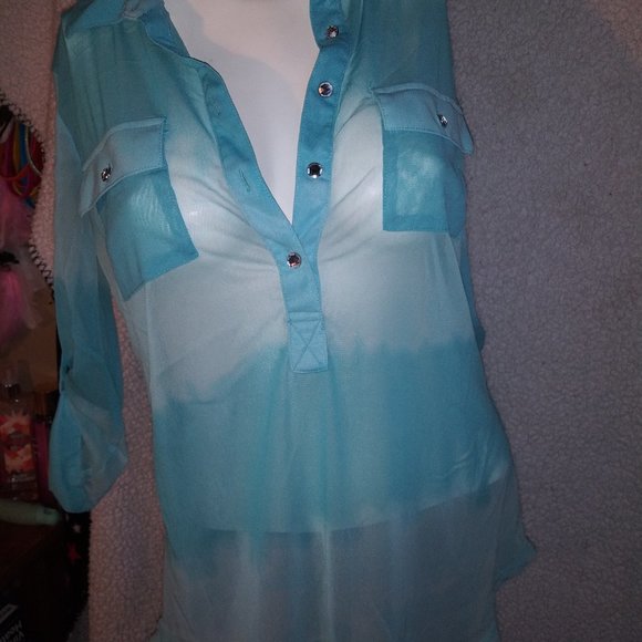 INC International Concepts Baby Blue Sheer Long Sleeve Blouse - Picture 3 of 10
